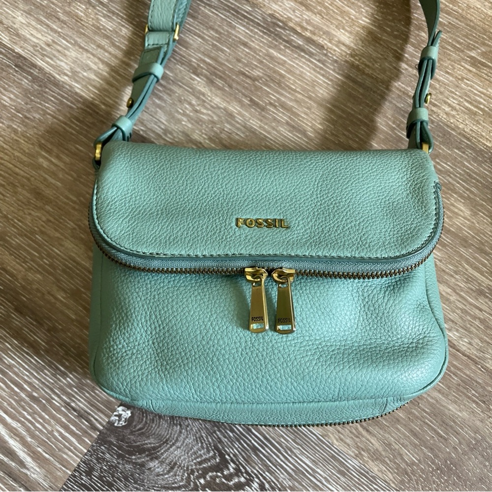 Fossil Preston Mint Green Pebbled Leather Crossbody Bag with Gold Hardware